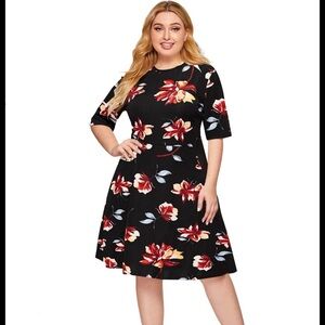 Floral Black Dress with Red and Yellow Accents
